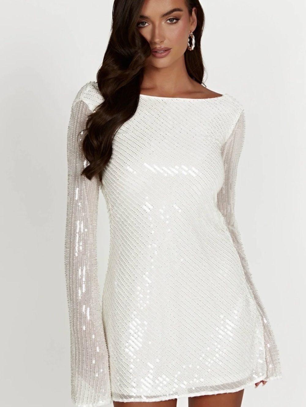 MESHKI White and silver beaded and  Sequin Long-Sleeve Mini Dress size large